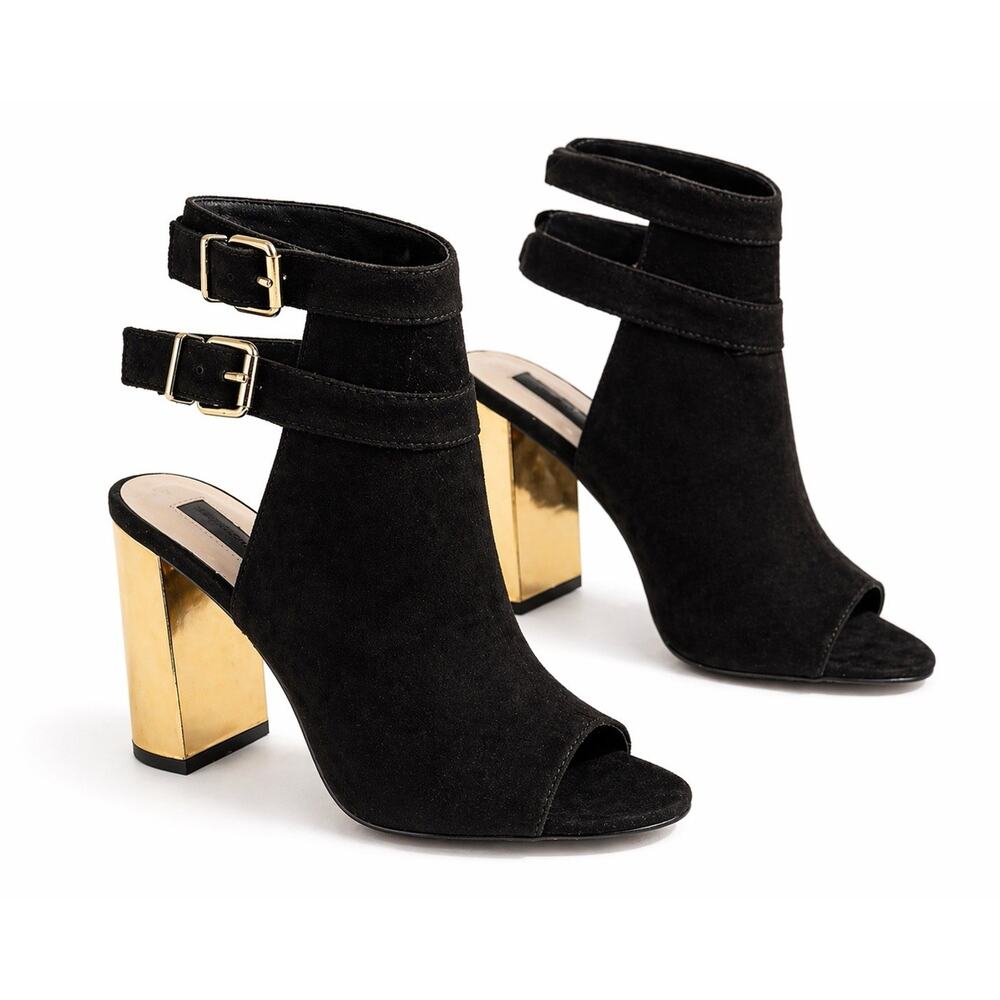 Forever 21 Black Peep Toe Heels Gold Block Heel Ankle Strap Size 7